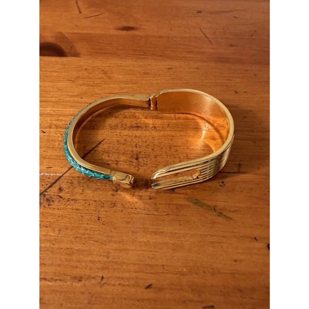 Gold Tone Hinged Cuff Bracelet with Turquoise Inlay Bohemian Statement Preowned - Picture 4 of 16